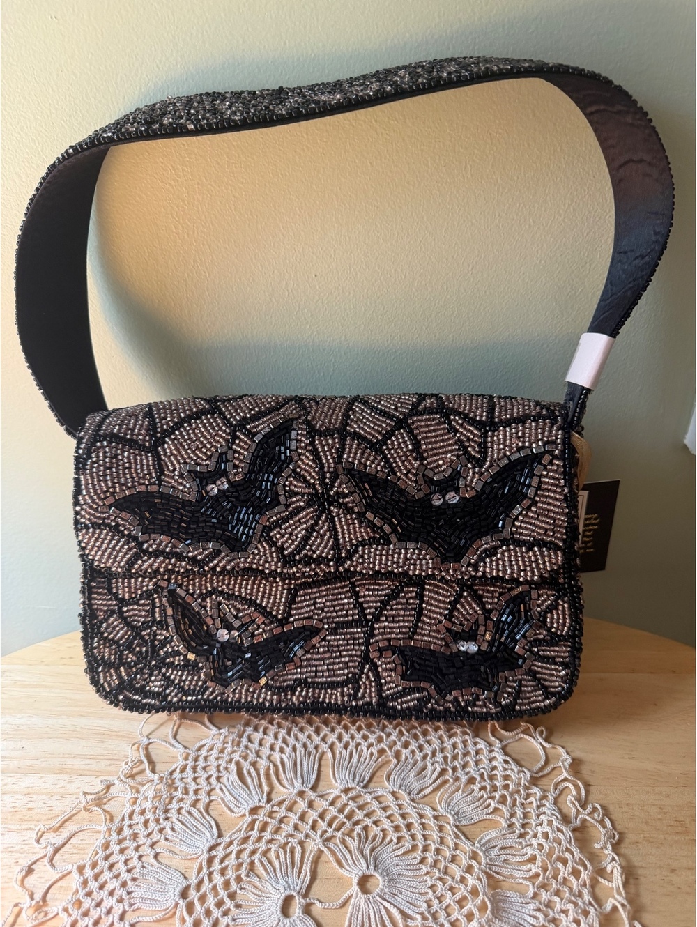 Beaded Bat and Spiderweb Shoulder Bag